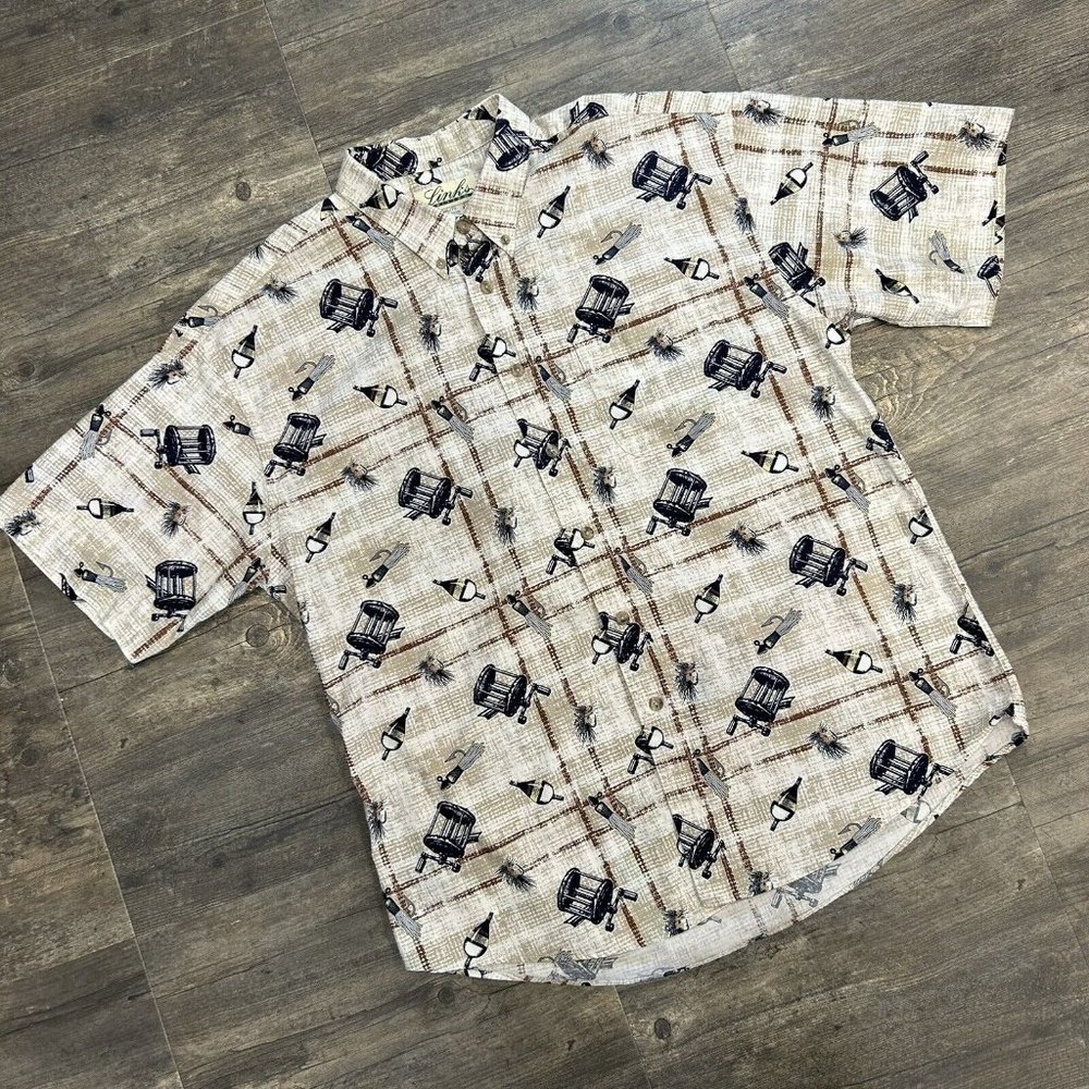 Links Edition Button Down All Over Fishing Reel Bait Shirt‎ Men Size XL Vintage